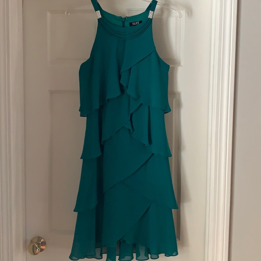 SLNY Teal Green Tiered Cocktail Dress, Sz 6